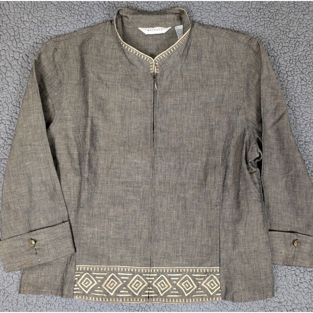 Melrose Jacket Zip Up Bronze Linen Blend 12 Gold Embroidery Pockets Gold Buttons